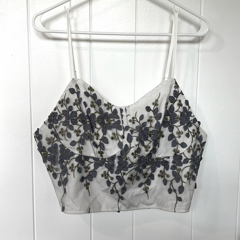 Shein Curve blue embroidery flower cami crop top